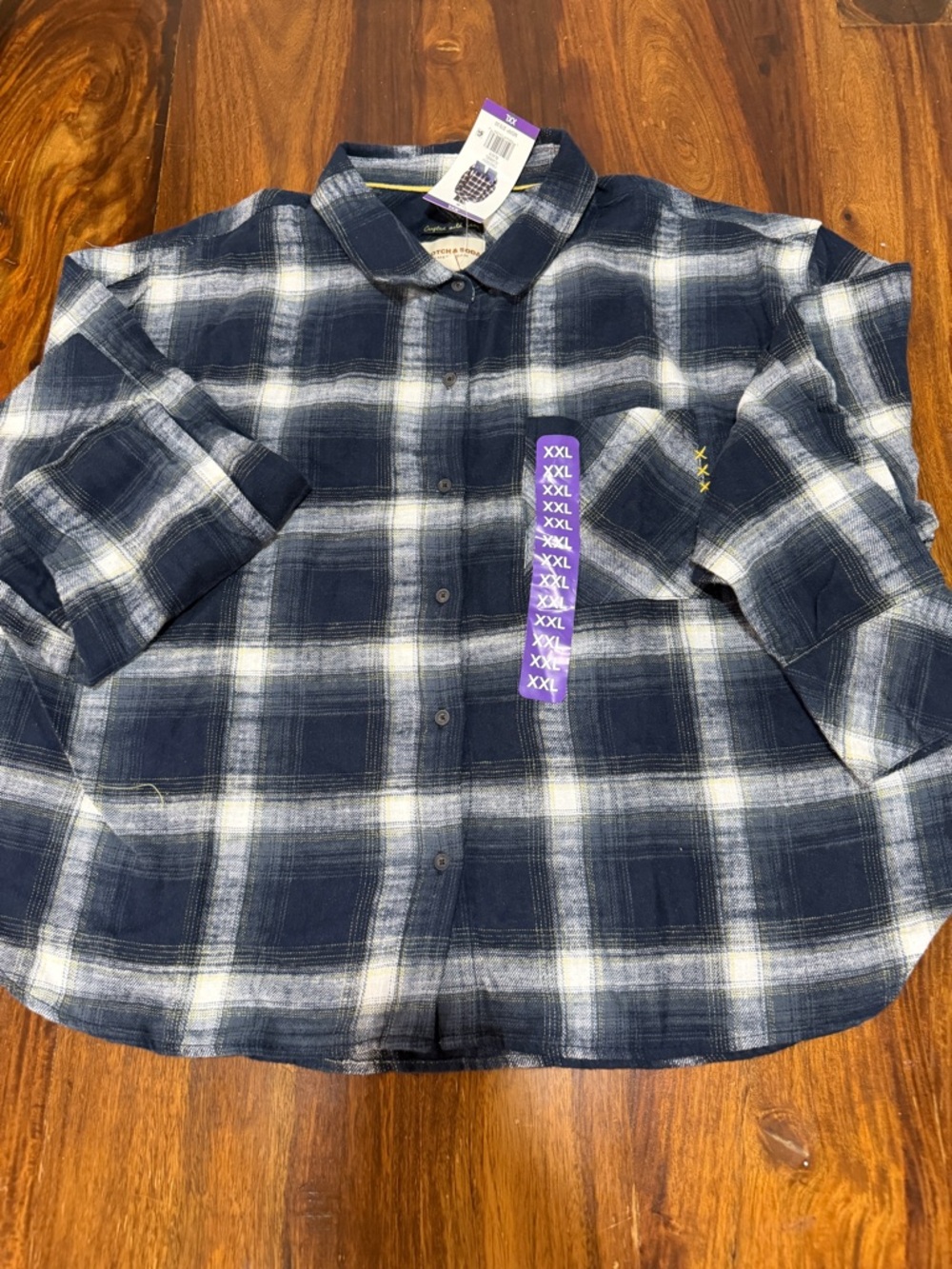 NWT Scotch & Soda Plaid Flannel Shirt Women's XXL Navy White Boxy Crop